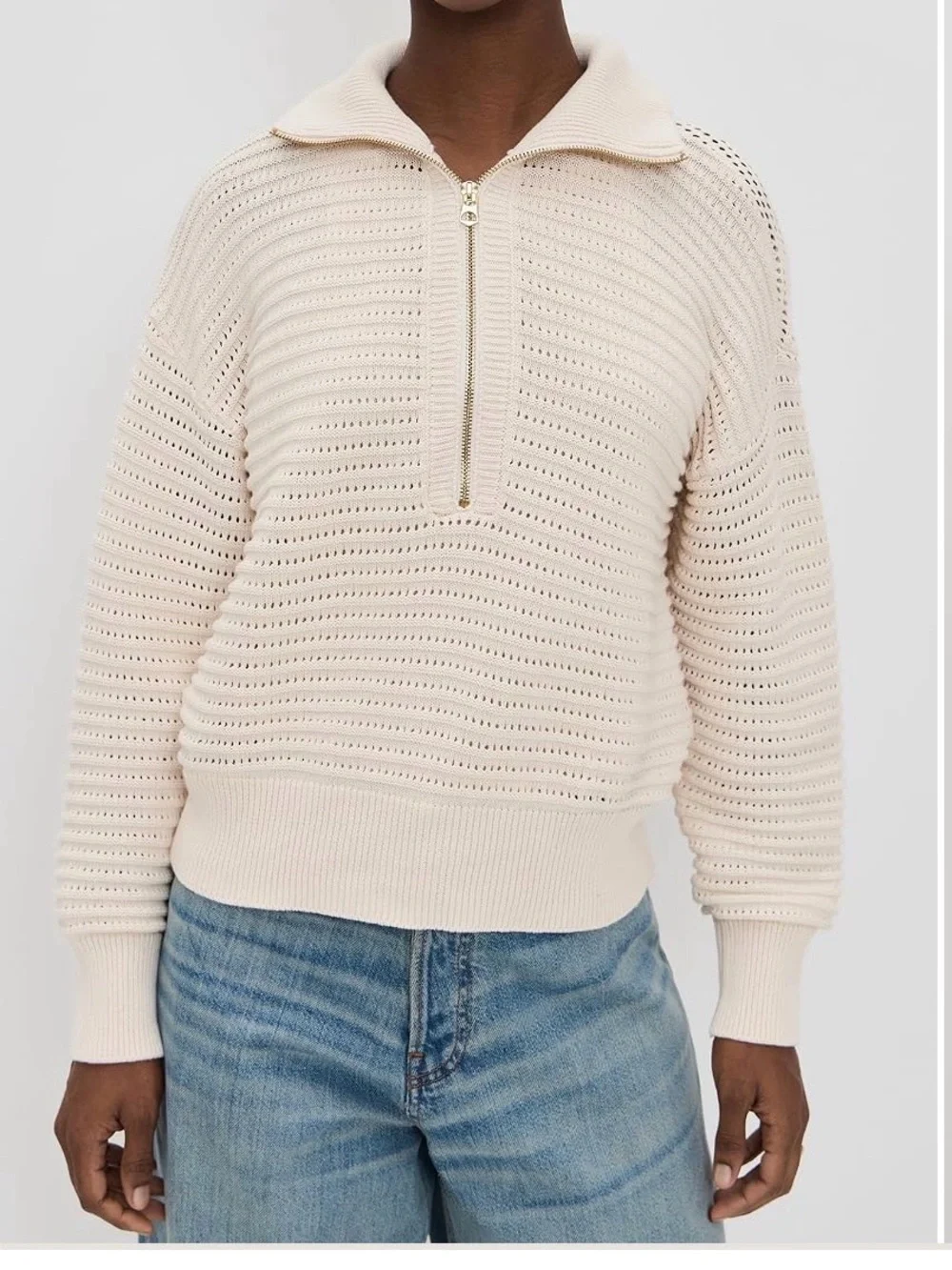 Varley Tara Pointelle Cream Half-Zip Sweater
